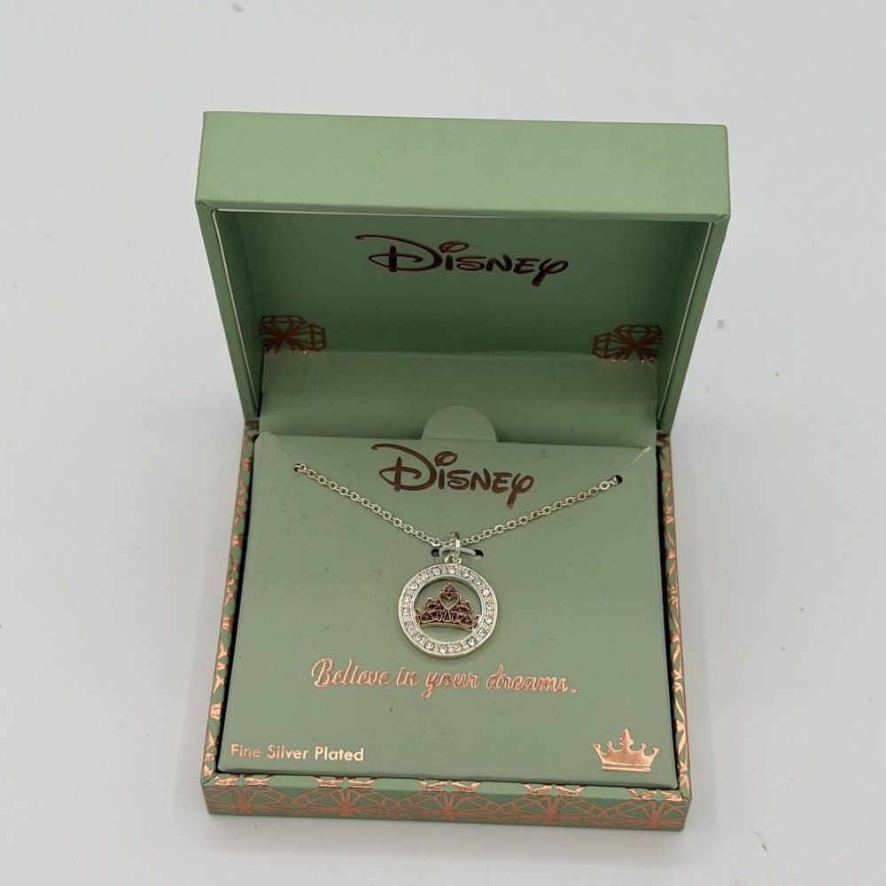 Beautiful Disney Believe In Your Dreams Crown Necklace Fine Silver Plated NIB